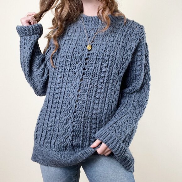 Vintage Handmade Cable Knit Slouchy Oversized Sweater Chunky Cozy Aran Preppy - Picture 5 of 6